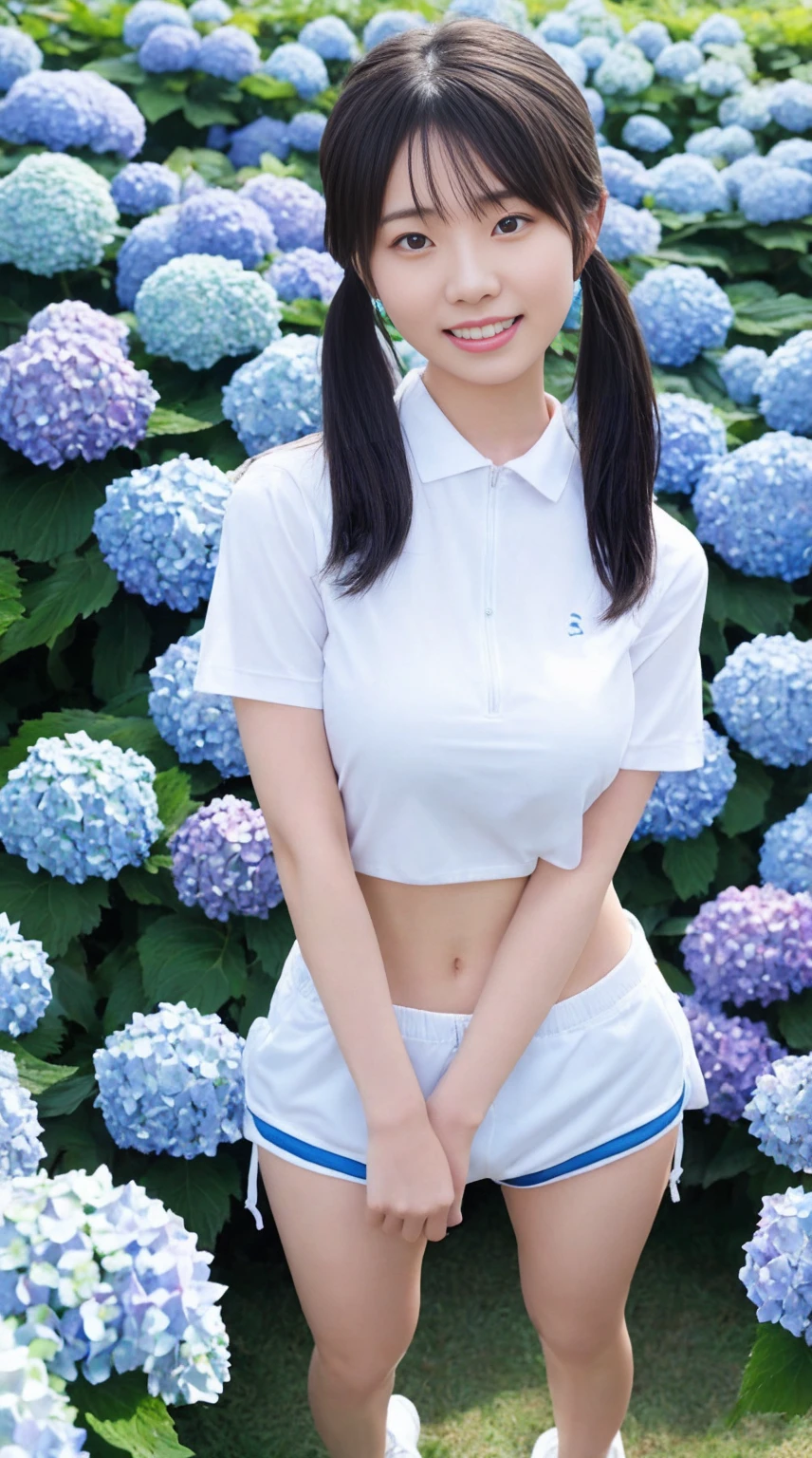 最high quality、high quality、Best image quality、8k,Japanese female students in gym clothes, Includes white short sleeve shirt and bloomers,Slightly exposed abdomen,Strong sweat and humidity, Her clothes are see-through、It clung tightly to her body,Her breasts are of a moderate size, The shape is slightly visible through the damp fabric,Twin tails:1.4,smile、最High resolution、High resolution、最high quality、masterpiece、RAW Photos、whole body写真、Detailed and realistic human body、Detailed and realistic skin、Realistic face in every detail、Detailed and realistic eyes、Detailed and realistic lips、Detailed and realistic teeth、Detailed and realistic ears、Detailed and realistic hair、Detailed and realistic weapons、Realistic reproduction of every detail、Realistic fingers in every detail、(Beautiful Hands、thumb１reference４)、Realistic feet down to the last detail、((Beautiful Japanese Woman))、(Japanese Model)、((21 year old beautiful woman))、(Black Hair)、(Straight hair)、((whole body))、(Slim and perfect figure)、(whole body光沢肌、Fair skin)、Detailed and realistic human body、Detailed and realistic skin、Realistic face in every detail、Detailed and realistic weapons、Realistic fingers in every detail、Detailed realistic feet、Soft natural light、A 360-degree view of hydrangea fields、((Standing in the middle of a hydrangea field(A girl surrounded by hydrangeas 360 degrees))、Poses to make your thighs look beautiful