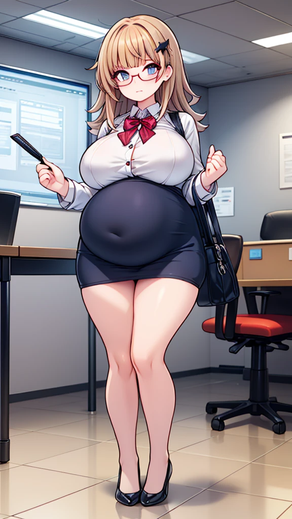 (Full body, glasses), An image of a pregnant girl with her belly on full display, huge breasts, office uniform