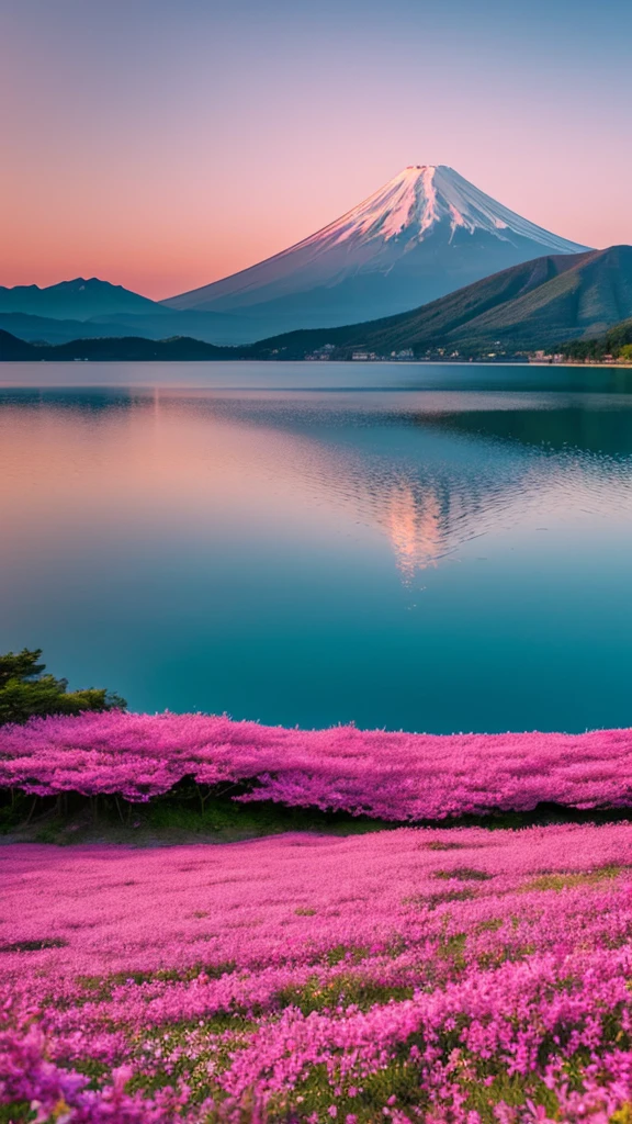 Lake, pink flower field, Mt. Fuji in the distance, sea clouds