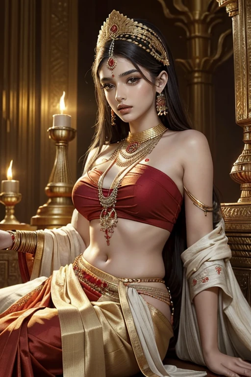 (masterpiece, top quality, best quality, official art, beautiful and aesthetic:1.2), (1girl), extreme detailed,(abstract, fractal art:1.3), an extremely beautiful indian hindu princess(detailed face) in red gold plated saree sitting with an ancient indian handsome hindu King who is wearing a white gold plated dhoti, bare upper body with ancient indian male jewelry
