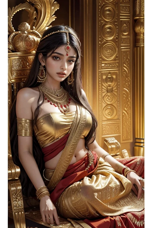 (masterpiece, top quality, best quality, official art, beautiful and aesthetic:1.2), (1girl), extreme detailed,(abstract, fractal art:1.3), an extremely beautiful indian hindu princess(detailed face) in red gold plated saree sitting with an ancient indian handsome hindu King who is wearing a white gold plated dhoti, bare upper body with ancient indian male jewelry 