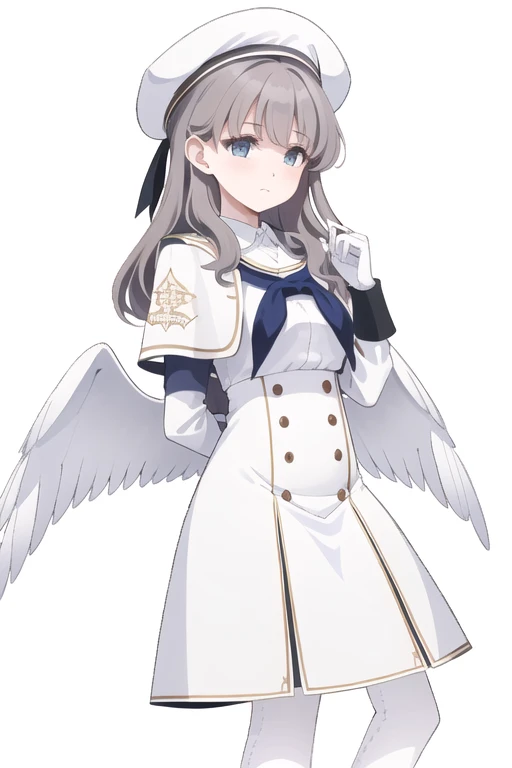 (highest quality:1.5),(White Pantyhose:1.5),1 Female,Shadowed face, Long Hair,White Hat, White Beret, White sleeves, Long sleeve, White gloves, White Dress, Capelet, White Pantyhose, Sailor collar, White Wings, Wings with feathers, Angel Wings, Low Wing, black neckerchief, Black Loafers, Hello, Blue cuffs,Belly button,
abdomen, Wolf Cut