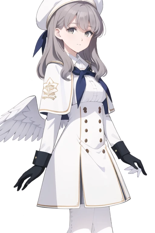 (highest quality:1.5),(White Pantyhose:1.5),1 Female,Shadowed face, Long Hair,White Hat, White Beret, White sleeves, Long sleeve, White gloves, White Dress, Capelet, White Pantyhose, Sailor collar, White Wings, Wings with feathers, Angel Wings, Low Wing, black neckerchief, Black Loafers, Hello, Blue cuffs,Belly button,
abdomen, Wolf Cut