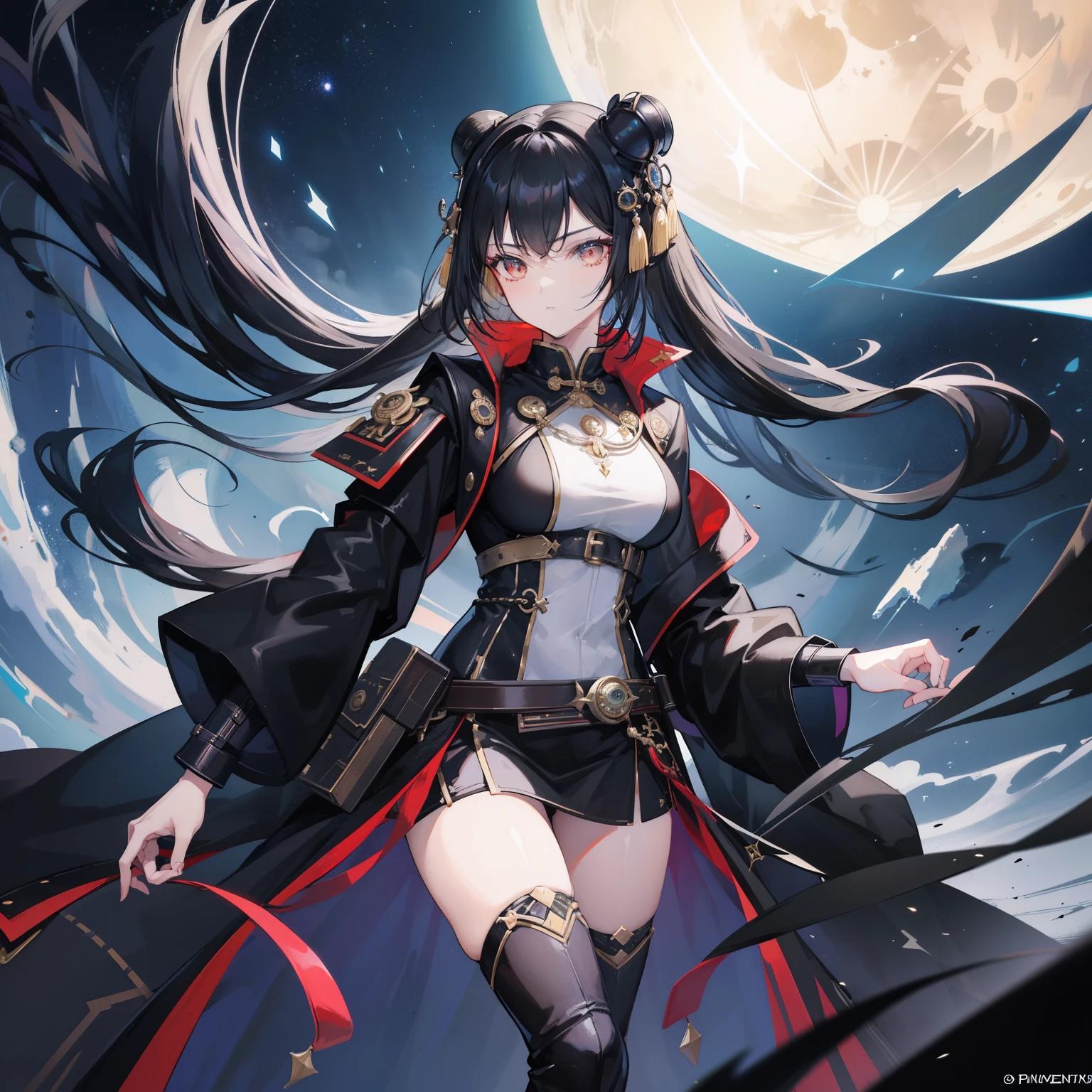 1girl,black hair,Future cyber steampunk style fairy and witch, the black beast under the moon is like the lawgiver of the stars, the supreme yin and yang, the Chinese magician, the emperor of the universe who rules the bright stars, the ruler in the thunder, the lawgiver in the flames
