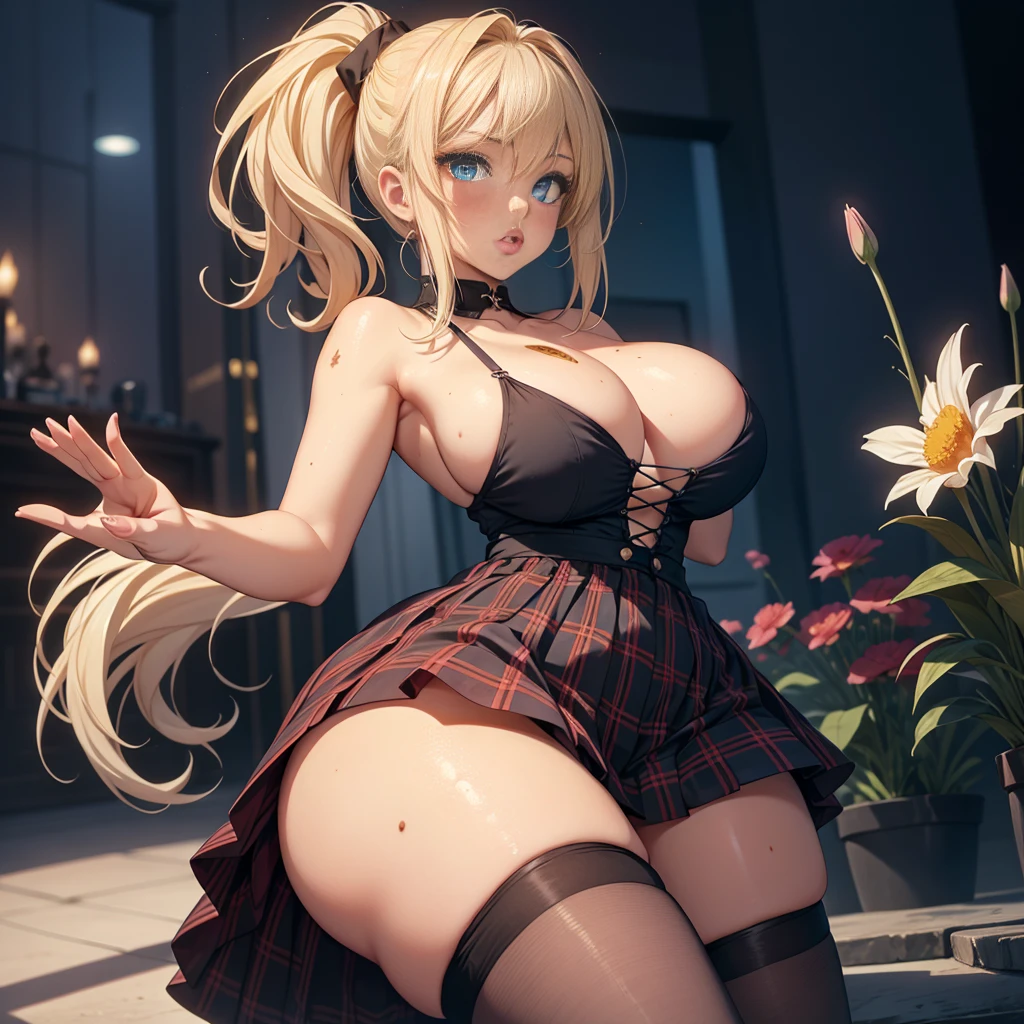 only/just 1 character, a girl,, hair in a pony tail, blonde hair, blue eyes, , Hair Flower, , , Big eyes, plaid skirts, black thigh-highs, embarrassed, b1mb0, detailed skin skin blemish