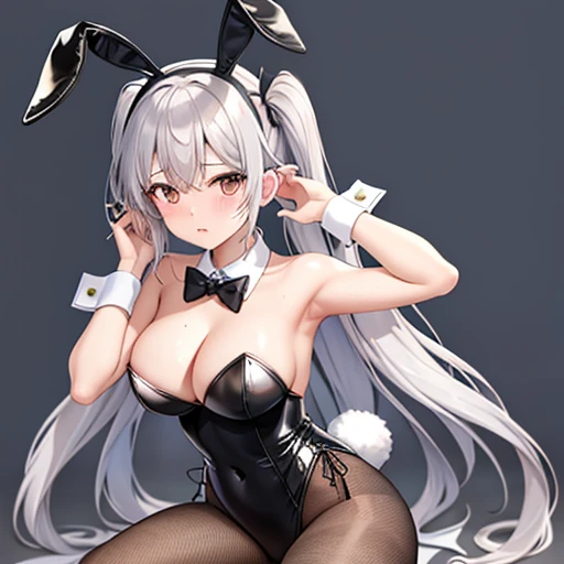 One girl, Playboy Bunny, alone, Animal ears, Bunny ears, High heels, Long Hair, pantyhose, tail, very Long Hair, mature, Wrist cuff, rabbit tail, leotard, Big Breasts, Cleavage, tie, Fishnet tights, fake Animal ears, Blue background, Detachable collar, Bent over, Gray Hair, white leotard, whole body, Squat, Place your hands behind your head, black tie, strapless leotard,blank \(Nod\)