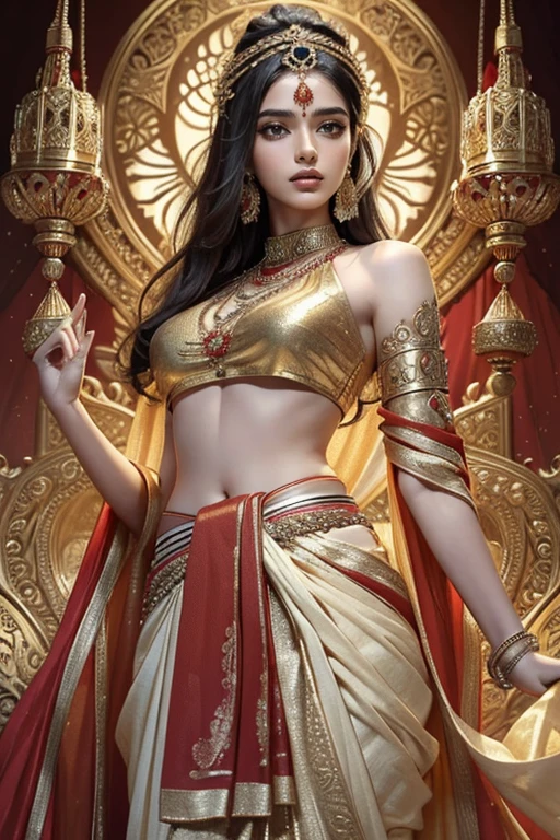(masterpiece, top quality, best quality, official art, beautiful and aesthetic:1.2), (1girl), extreme detailed,(abstract, fractal art:1.3), an extremely beautiful indian hindu princess(detailed face) in red gold plated saree and an ancient indian handsome hindu King who is wearing a white gold plated dhoti, bare upper body with ancient indian male jewelry