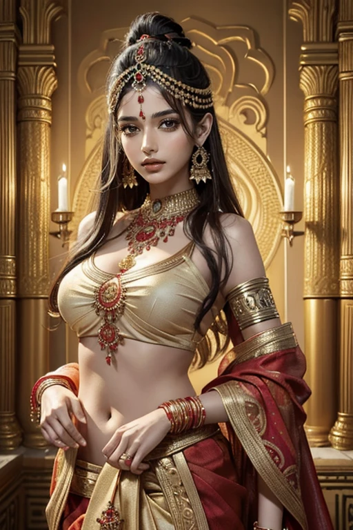 (masterpiece, top quality, best quality, official art, beautiful and aesthetic:1.2), (1girl), extreme detailed,(abstract, fractal art:1.3), an extremely beautiful indian hindu princess(detailed face) in red gold plated saree and an ancient indian handsome hindu King who is wearing a white gold plated dhoti, bare upper body with ancient indian male jewelry 