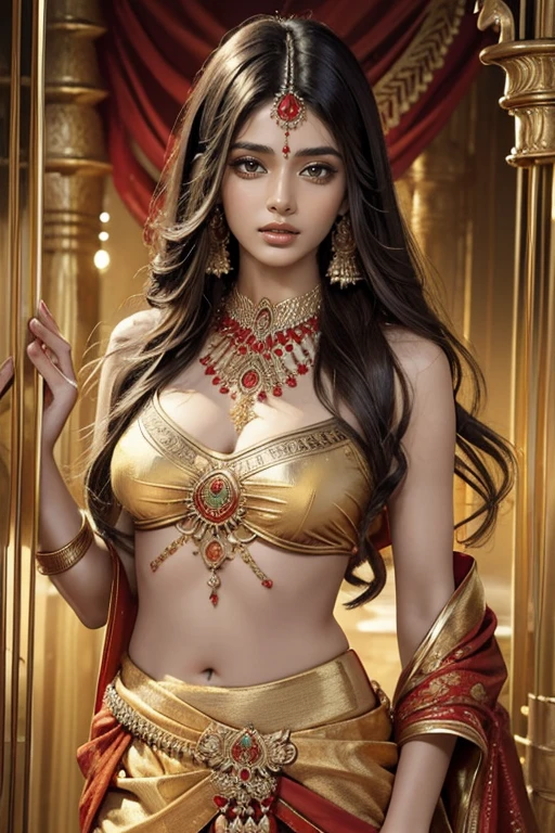 (masterpiece, top quality, best quality, official art, beautiful and aesthetic:1.2), (1girl), extreme detailed,(abstract, fractal art:1.3), an extremely beautiful indian hindu princess(detailed face) in red gold plated saree and an ancient indian handsome hindu King who is wearing a white gold plated dhoti, bare upper body with ancient indian male jewelry 