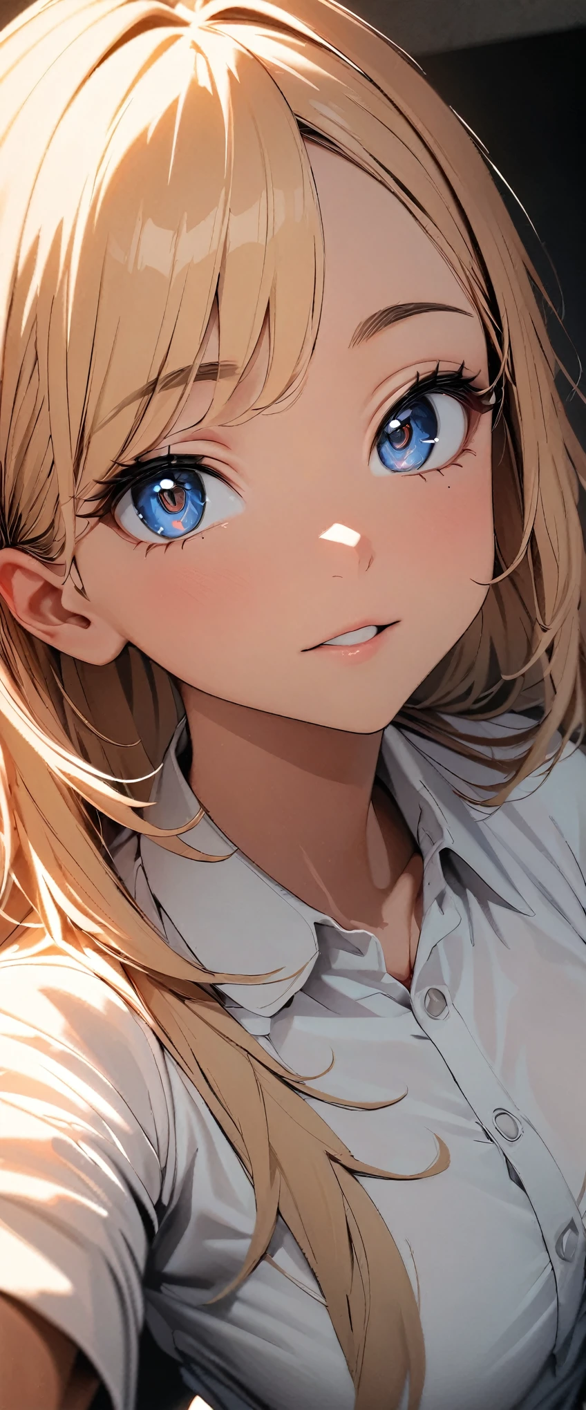 (high quality, 8k, 4K, High Contrast, masterpiece:1.2, 最high quality, Best aesthetics), 1 female, (Real skin texture:1.3), (Film Grain:1.3), (Selfie angle, High Angle), One Girl, Beautiful and detailed eyes and face, 最high quality, close, Face Up Shot:1.4,