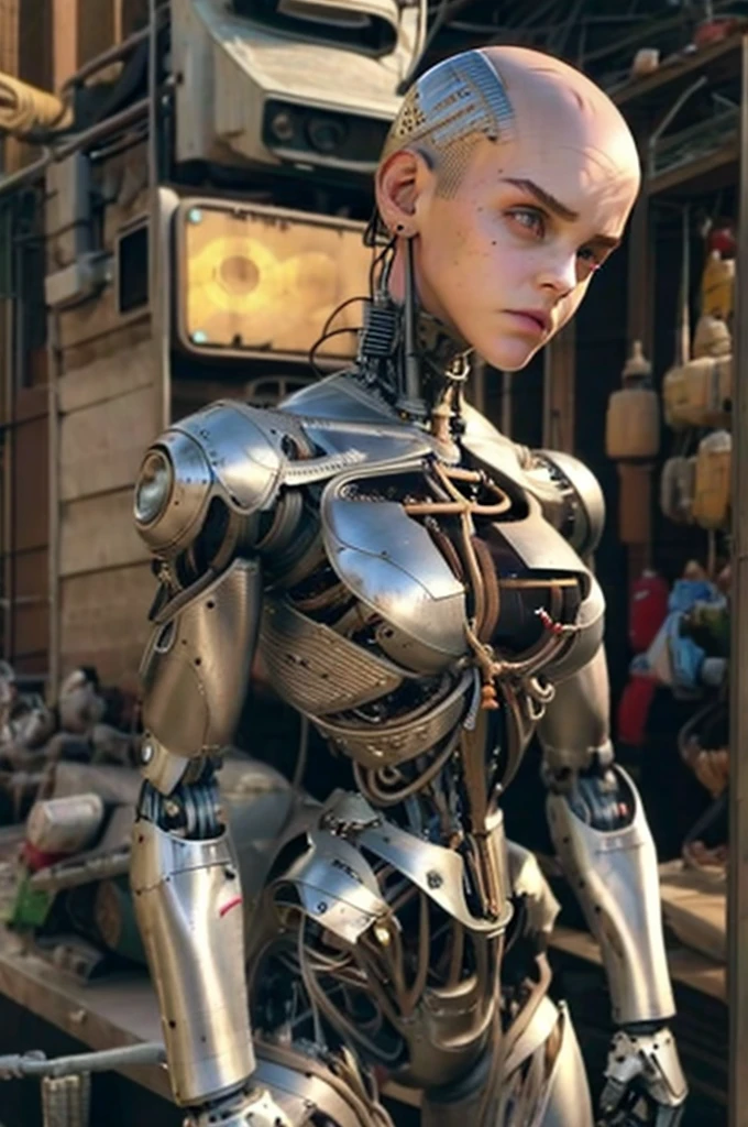 A bald cyborg Emma Watson, with loose wires, mxdress, jacket, jeans,  integrated weapons, rifle, hoses, exposed torso, androidperson, mark brooks, david mann, robot brain, made of steel, hyperrealism, post-apocalyptic, mechanical parts, joints, mecha, j_sci-fi