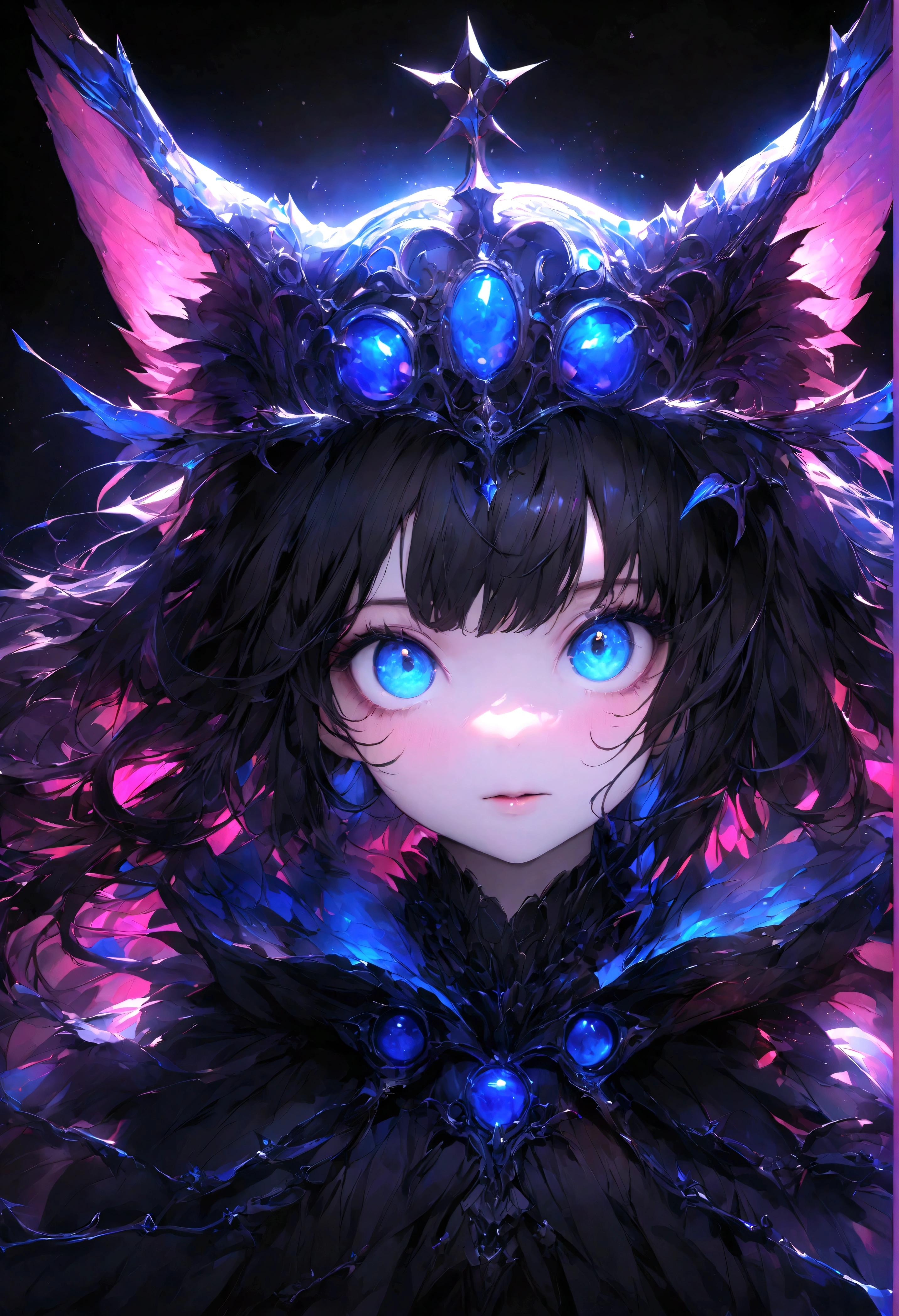 Black cat、icon、Transparent black background、Black Crown、beautiful青い目の猫、Also々funny Face、beautiful、blue Moon、Lots of blue light、ファンタジーBlack cat,Facial close-up enhancement,AmbiLight,The colors are vibrant and bright,Black background,mist,Detailed Description,Rich details,An explosion of imagination,Surreal,Ultra-realistic,masterpiece,8k,Light,Tyndall effect