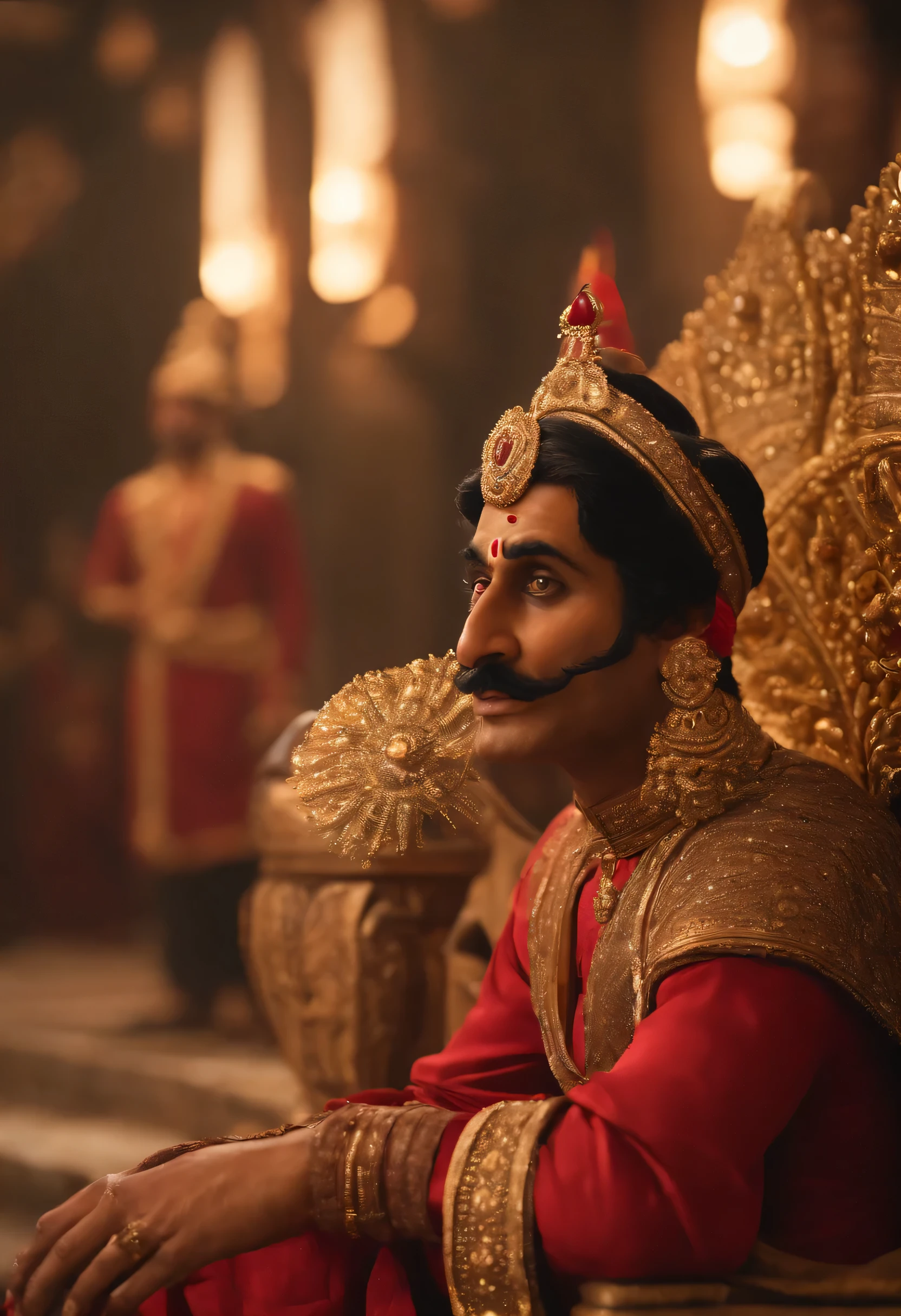 /imagine prompt: 3D Animation, personality: A medium shot of King Krishnadev Rai addressing the person who brought the red peacock. His face shows curiosity and excitement as he inquires about the cost of acquiring the rare bird. The scene is set in the opulent royal court, with courtiers and attendants observing the interaction, conveying the grandeur of the kingdom, unreal engine, hyper real --q 2 --v 5.2 --ar 16:9