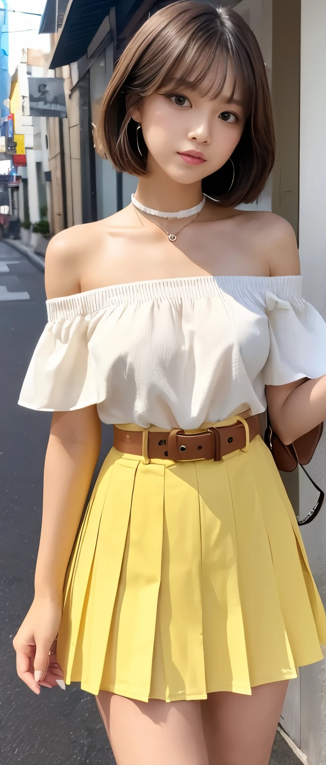 Pure idol girl、whole body、Good style、、、、、、、、、、Tanned thick legs、Night Town、Yellow Pleated Mini Skirt、Off-the-shoulder shirt、Brown Short Hair、Cross Belt