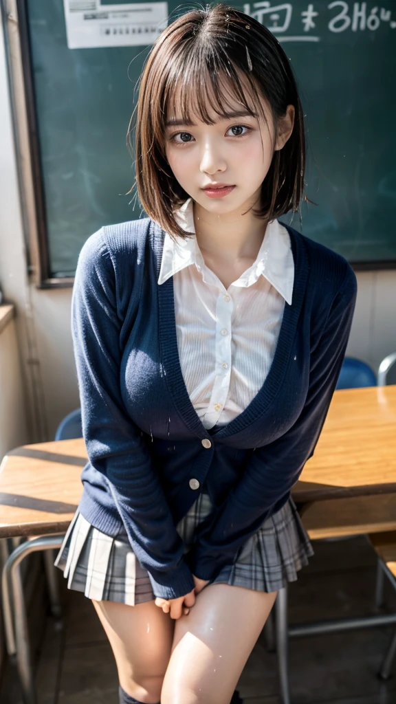 masterpiece, best quality, illustration, Super detailed, fine details, High resolution, 8K,wall paper, perfect dynamic composition,(Details High quality, realistic depiction of eyes:1.3), wading, (nup, see through, wet:1.2), High School Classroom、High school girl uniform、Cardigan、Super Short Check Uniform Skirt、Navy blue high socks、garterbelts、Colossal tits、Disturbed uniform、short bob hair, black hair color, Big Natural Color Lip, bold sexy pose, (perfect body shape), crying a little、cold gaze, Harajuku style、20 year old girl、cute type, beautiful legs, hposing Gravure Idol, Voluptuous thighs