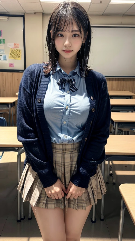masterpiece, best quality, illustration, Super detailed, fine details, High resolution, 8K,wall paper, perfect dynamic composition,(Details High quality, realistic depiction of eyes:1.3), wading, (nup, see through, wet:1.2), High School Classroom、High school girl uniform、Cardigan、Super Short Check Uniform Skirt、Navy blue high socks、garterbelts、Colossal tits、Disturbed uniform、short bob hair, black hair color, Big Natural Color Lip, bold sexy pose, (perfect body shape), crying a little、cold gaze, Harajuku style、20 year old girl、cute type, beautiful legs, hposing Gravure Idol, Voluptuous thighs
