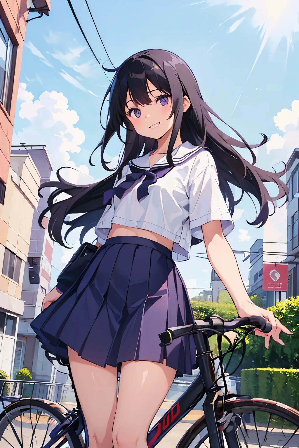 Elementary school girl, , flat chest, black hair, long hair, purple eyes, smiling(one person) Upper body plain white T-shirt Black mini skirt and white panties((The wind blows and you can see the panties))White socks sneakers garden Standing in front of a bicycle Dynamic angle Low angle