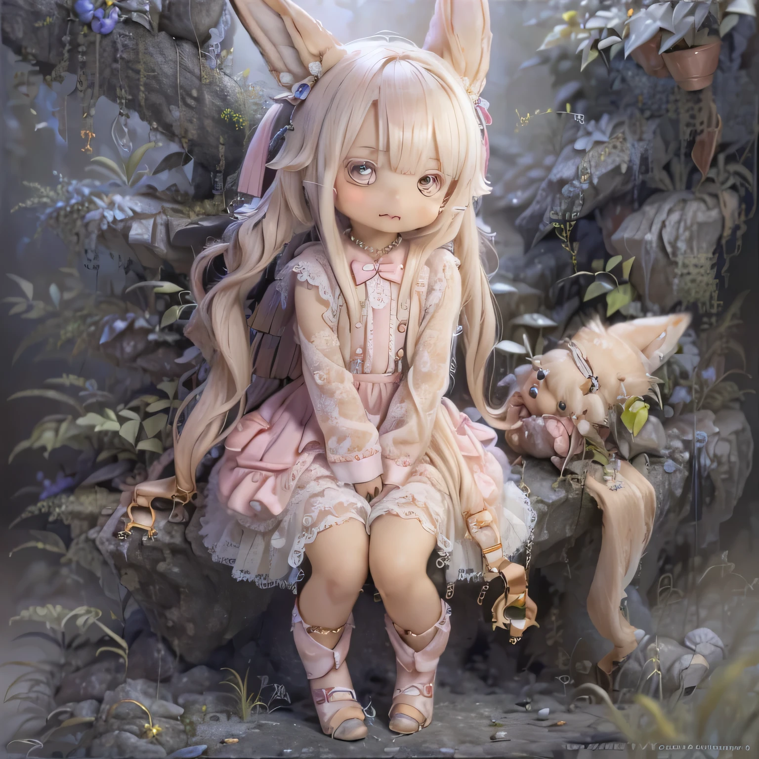 in the garden, Smiling girl, Similar to Nanachi from Made in Abyss. She is beautiful, Beautiful eyes and lips. girl (((Chibi Style,))) . The image quality is of the highest quality, Highly detailed and realistic features. The medium of this work is、Combining illustration and photorealistic rendering.. The colors are vivid、The lighting creates a warm and bright atmosphere。Casual Full Body(((((Cute pink dress)))))Contrasting