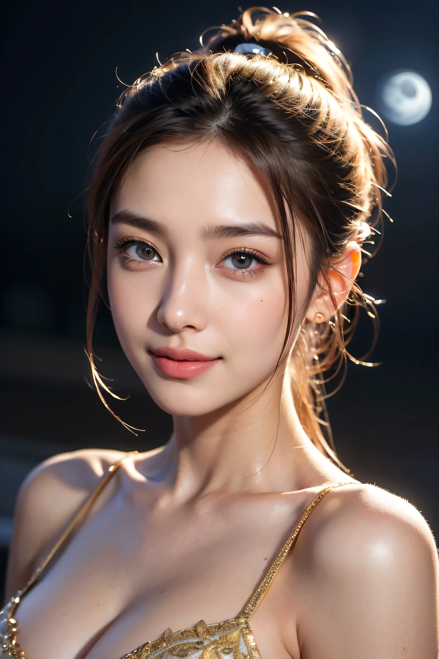 body portrait,8k,skinny beautiful eyes,dindal effect,masterpiece,best quality,high quality,high resolution,highly detailed photo,(natural skin texture,fine grained skin,hyper realism,ultra clarity),detailed skin,(highly detailed,fine grained skin texture,intricate details,ponytail,beautiful face,(lifelike face),realistic eyes,beautiful and detailed eyes,realistic skin,beautiful skin,hyper reality target,highly detailed,golden ratio,smiling eyes,((night moonlight background))),body portrait,bikini,big boobs,huge boobs,cleavage,wet,attractive,
