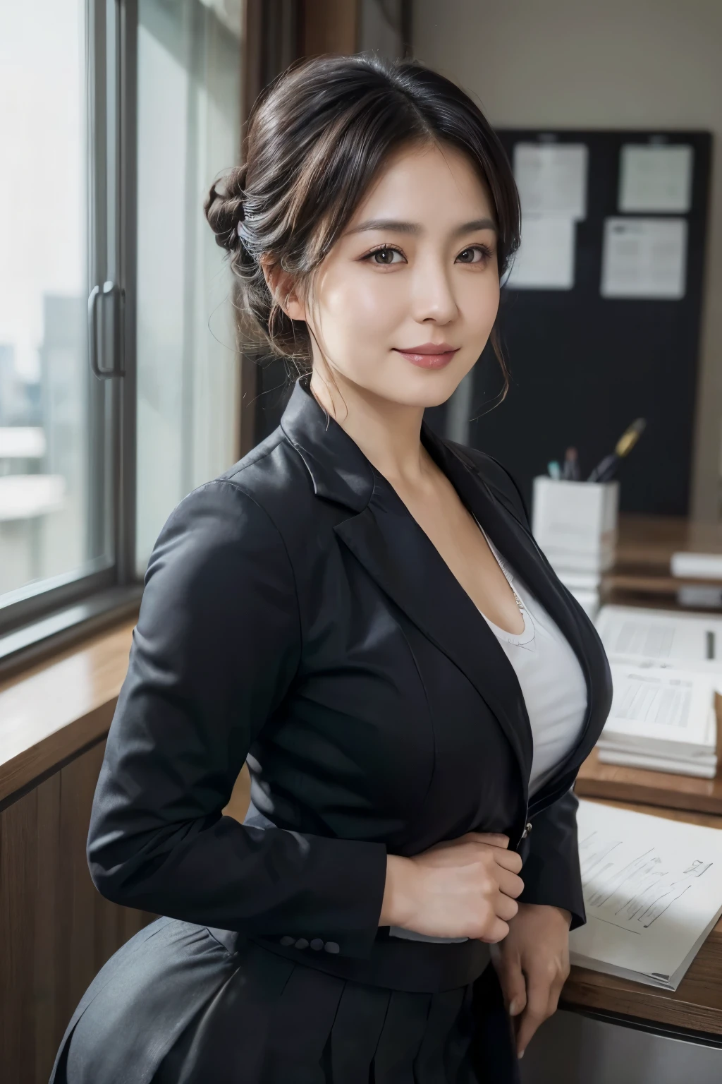 (masterpiece, highest quality, Realistic, High resolution, photograph, :1.3), Sharp focus, 1 Cute Japanese mature woman, 40 years old, Hot Model, Highly detailed eyes and pupils, Realistic Skin, ((Voluptuous body:1.2)), ((big tits:1.2)), big ass, Neckline, Highly detailed hair, Delicate face, Sensual look, Bright lips, Chubby lips, Natural Lip, big thick thighs, ((updo hair:1.2)), ((business jacket:1.5)), ((business tight skirt:1.5)), in office, ((whole body shot)), standing pose, smile, ((from below)),