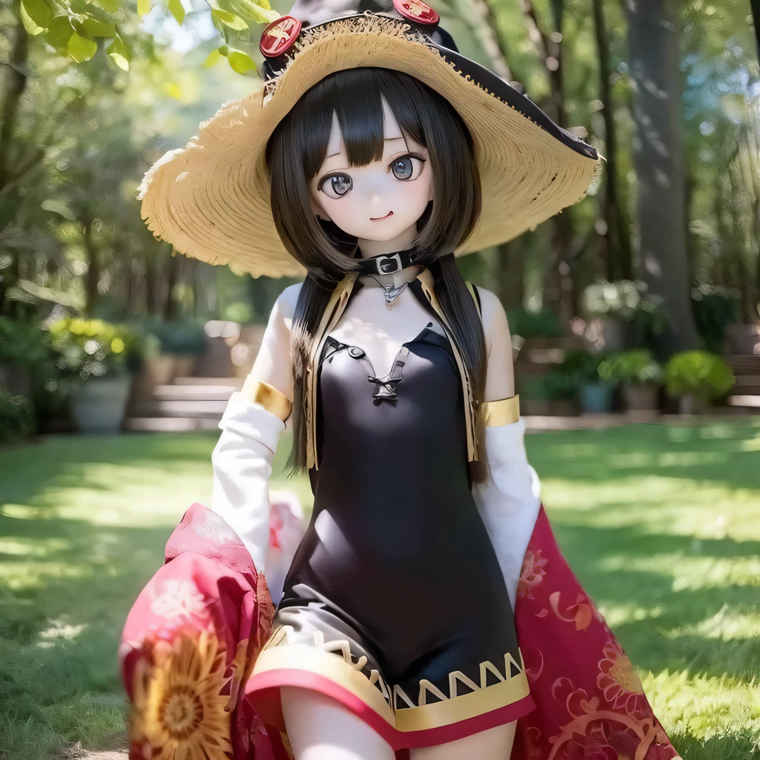 Chibi contrapposto pose girl wearing big hat, Flat Chest, And then Megumin appears. -> Eyes Beautiful and elegant eyes,nose,LipsBeautiful detailed lips,theme's cute smile,Chibi Contrap Place,Megumin character variations,People wearing large hats or bonnets,Flat Chested,Bust Detail Naked Camel Toe Medium: Photorealistic portraits, ->Material Photorealistic Portrait Additional Details: She is surrounded by vibrant gardens, ->花园a blooming flower garden with various vibrant colors,green々Fresh green grass,Finely knotted wood々Sunlight shines in,Morning atmosphere,Several bees flying around,The quality of distant bird calls: (highest quality,4K,8k,High resolution,masterpiece:1.2),Very detailed, ->Image quality: High resolution(Multiple options)
Art Style: anime, ->Art Style anime-style Color Palette: (Vibrant colors), ->Vibrant color palette lighting: Soft sunlight casts a warm glow on the scene, ->Light, Soft and warm sunlight,Soft sunlight、Black Hair