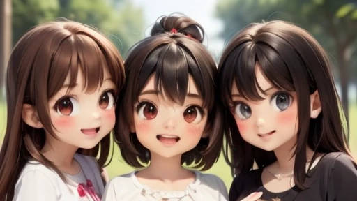 Megumin has black hair, Red eyes) With their three teenage daughters, Esmeralda and, Aria Rose and Ruby: Esmeralda has brown hair, Red eyes). Ruby has red hair, Green Eyes), Aria Rose has black hair, blue eyes)