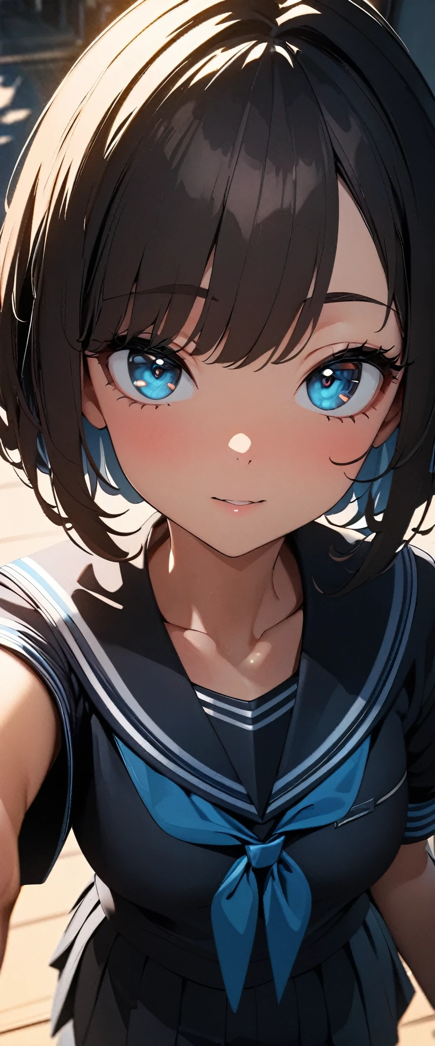 (high quality, 8k, 4K, High Contrast, masterpiece:1.2, 最high quality, Best aesthetics), 1 female, JK, Sailor suit, (Real skin texture:1.3), (Film Grain:1.3), (Selfie angle, High Angle), One Girl, Beautiful and detailed eyes and face, 最high quality, close, Face Up Shot:1.4,