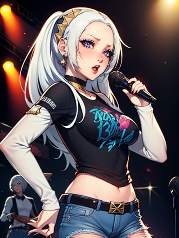 Edelgard,earrings ,lipstick, eye shadow, makeup, 1girl, solo, black t-shirt, white shirt, blue jeans, belt, lipstick, large breasts, layered sleeves, sexy pose, holding a microphone, singing, stage background