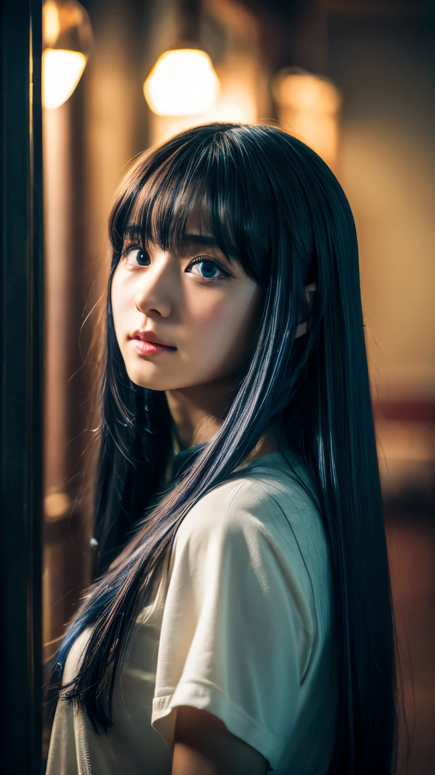 a highly detailed 4k raw photo of a girl with long blue hair and bangs, looking directly at the viewer, hyperrealistic, intricate details, cinematic, dramatic lighting, photorealistic, masterpiece, best quality