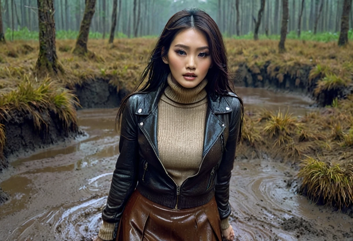 8k, ultra-detailed, grainy, masterpiece,vivid colors, muffled light, horror atmosphere:1.0, moody light:1.0, intensive dry-humping movements:1.4, brown turtleneck sweater, leather jacket, pencil skirt, looking towards,woman drowning in forest mud bog, long brunette hair, depraved, fetishistic makeup, asian:0.5,beige, brown, red,