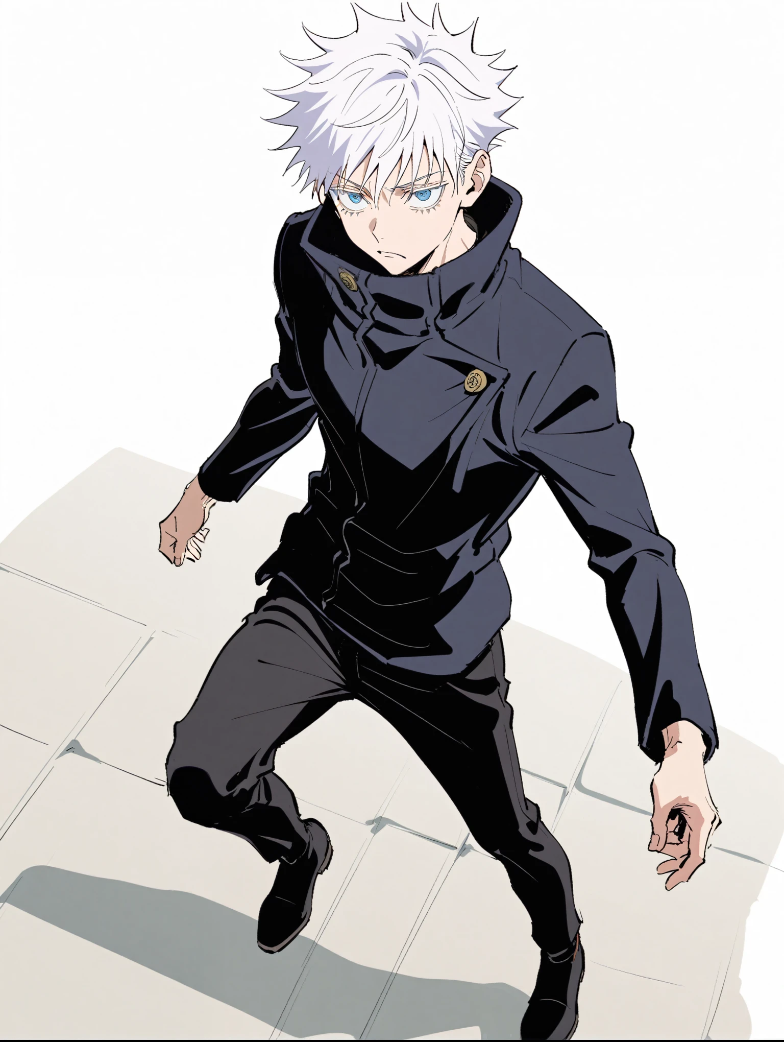 {{{Sincos (Sincos), full body, male character, gojo satoru}}} 1 boy, solo, gojo satoru from anime "jujutsu kaisen", dark blue zip-up jacket with a high collar that's also fairly wide, slim-fit matching black pants and black boots, white hair, short hair, blue eyes, six path eyes, white background.