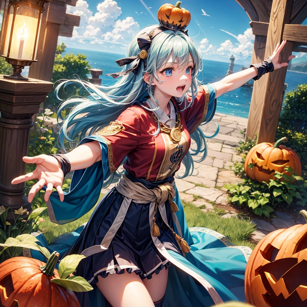Aqua blue hair、Golden Eyes、Braid、One good looking girl、solo、anime、Checkered mini skirt、Ruffles on the skirt、Red T-shirt、Cape、Gothic、Black knee-high socks、bandana、Fluffy clothes、Wearing a ribbon、Ribbon on waist、Tilting face、Teeth are visible、Sunset sky、Piercing the clouds、Contrail、lotus leaves、Cumulonimbus、Pillar of Light、candle fire、Silver coin necklace、A world of light、Spreading his arms for balance、Pumpkin hat、shine、From above