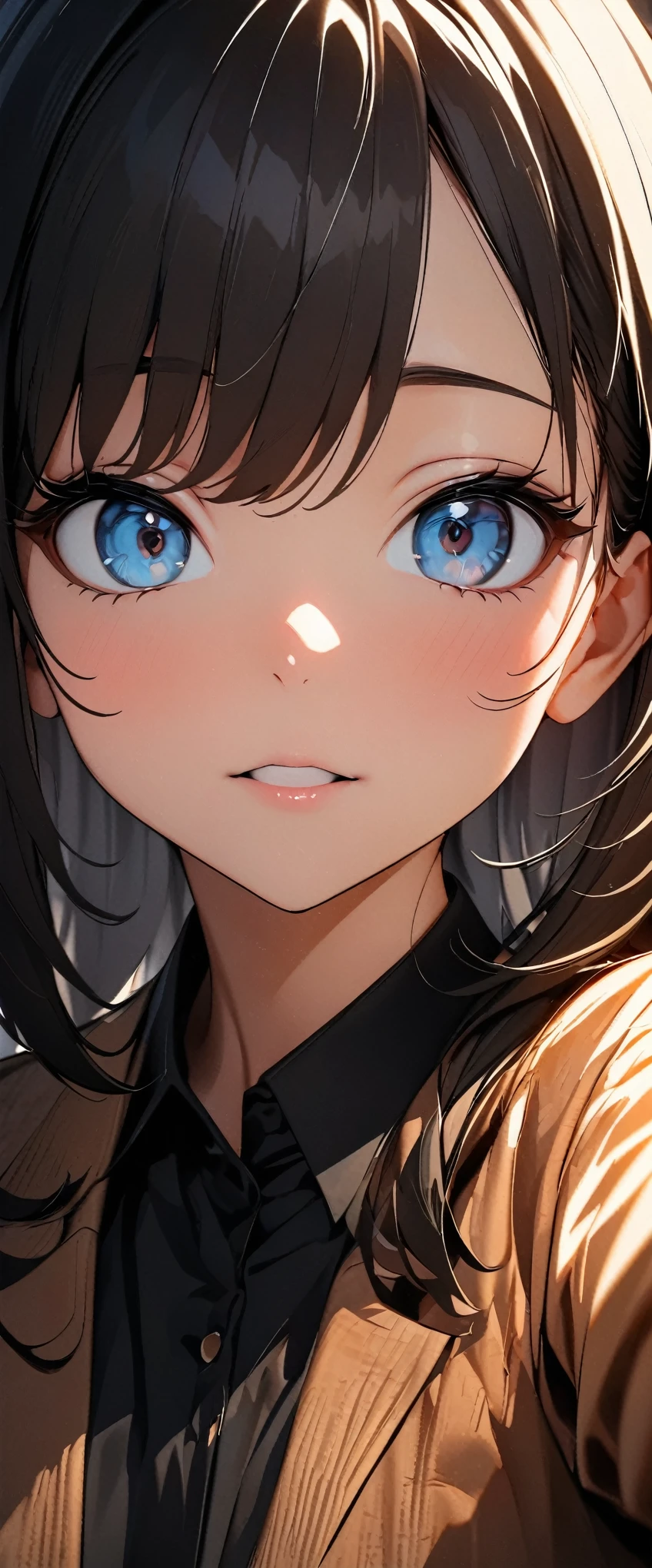 (high quality, 8k, 4K, High Contrast, masterpiece:1.2, 最high quality, Best aesthetics), 1 female, (Real skin texture:1.3), (Film Grain:1.3), (Selfie angle, High Angle), One Girl, Beautiful and detailed eyes and face, 最high quality, close, Face Up Shot:1.4,