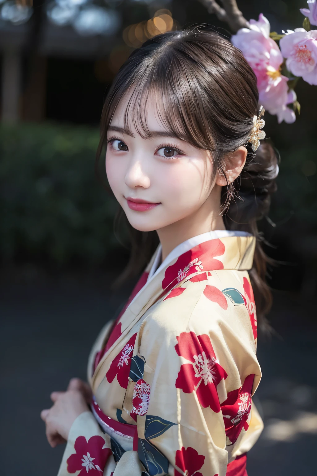 (kimono)、(highest quality、8k、High resolution、masterpiece:1.2)、Very detailed、(Realistic、photoRealistic、photo-Realistic:1.3)、Bokeh、Portraiture、(Natural and detailed eyes、beautiful girl、Young face、Detailed face、No mascara、No makeup)、Evening flower park background、Backlight:1.5、smile