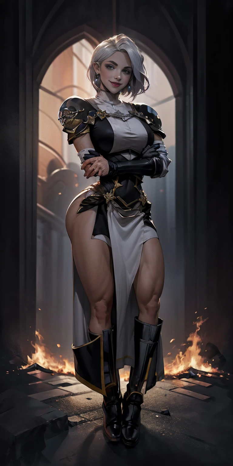 (((1 girl))) short hair, earings ,glossy lips ,team rocket uniform, red letter R, white skirt, white crop top, black thigh-high boots, black elbow gloves, evil smile, looking at viewer, cowboy shot, arms crossed, full body photo Mercedes von Martritz (Fire Emblem: Three Houses)