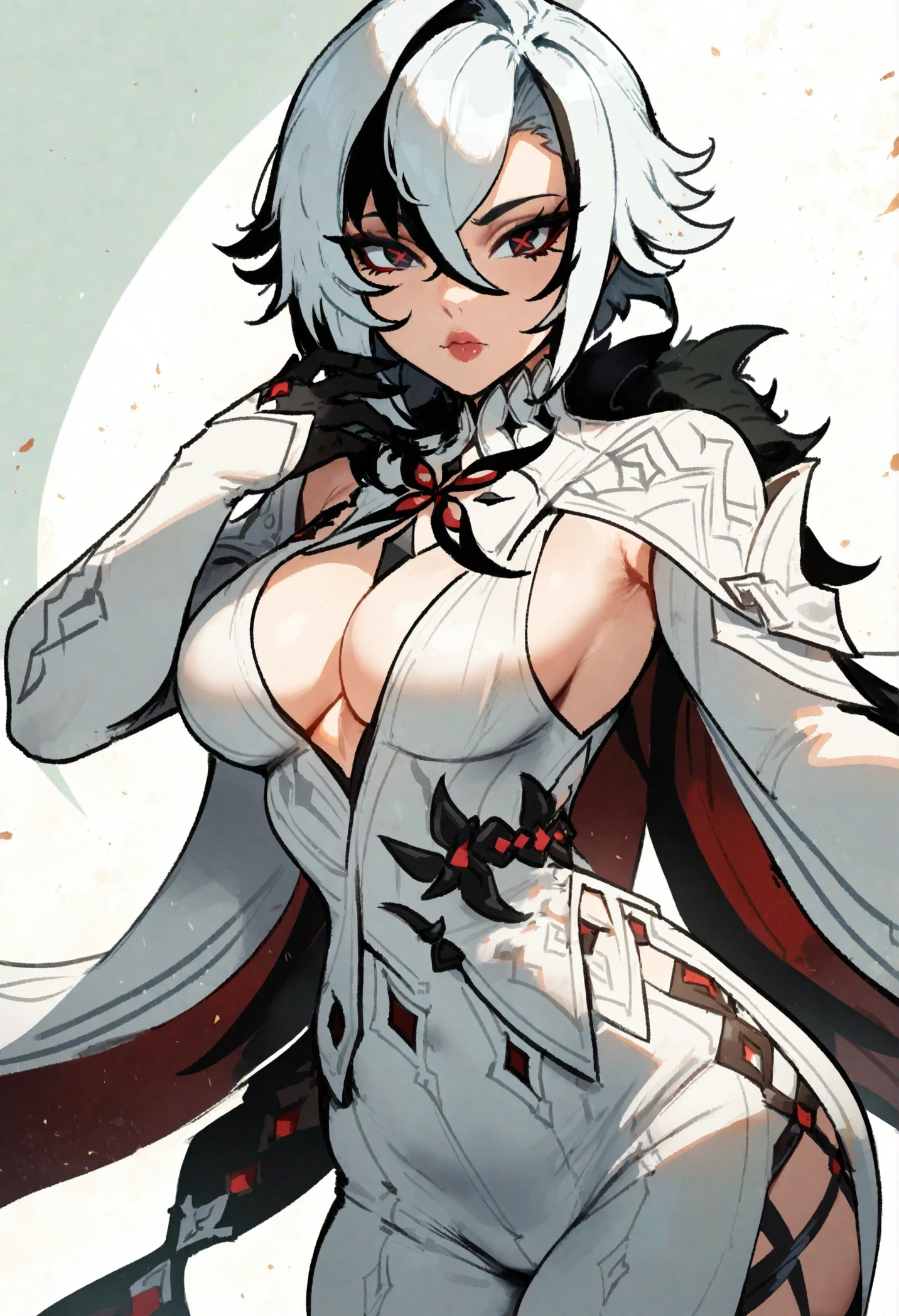 1girl, arlecchino \(genshin impact\), genshin impact ,masterpiece, best quality, very aesthetic, absurdres, newest,,,, , in front of viewer, ///// by nyantcha, cutesexyrobutts, , , by khyle ///// , detailed face, ,. , white background, detailed eyes, standing