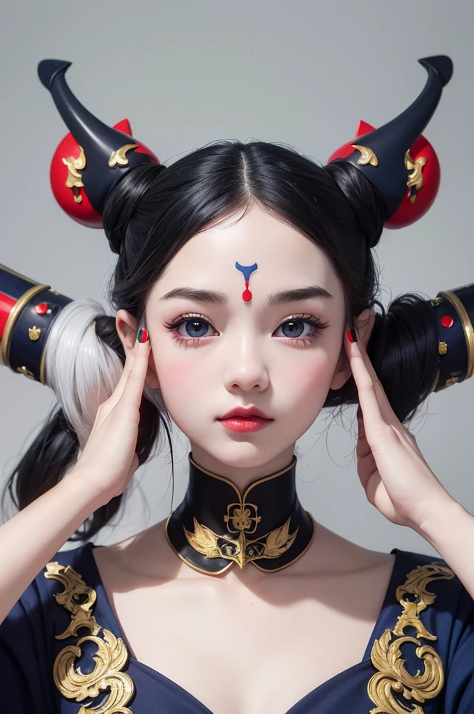 Photorealistic,pop art,flat design,(masterpiece, best quality:1.1),
(ultra highres, ultra-detailed:1.2) ,Cute Jiangshi,16yo,pale skin,navy hair,wavy short hair,parallel eyebrows,