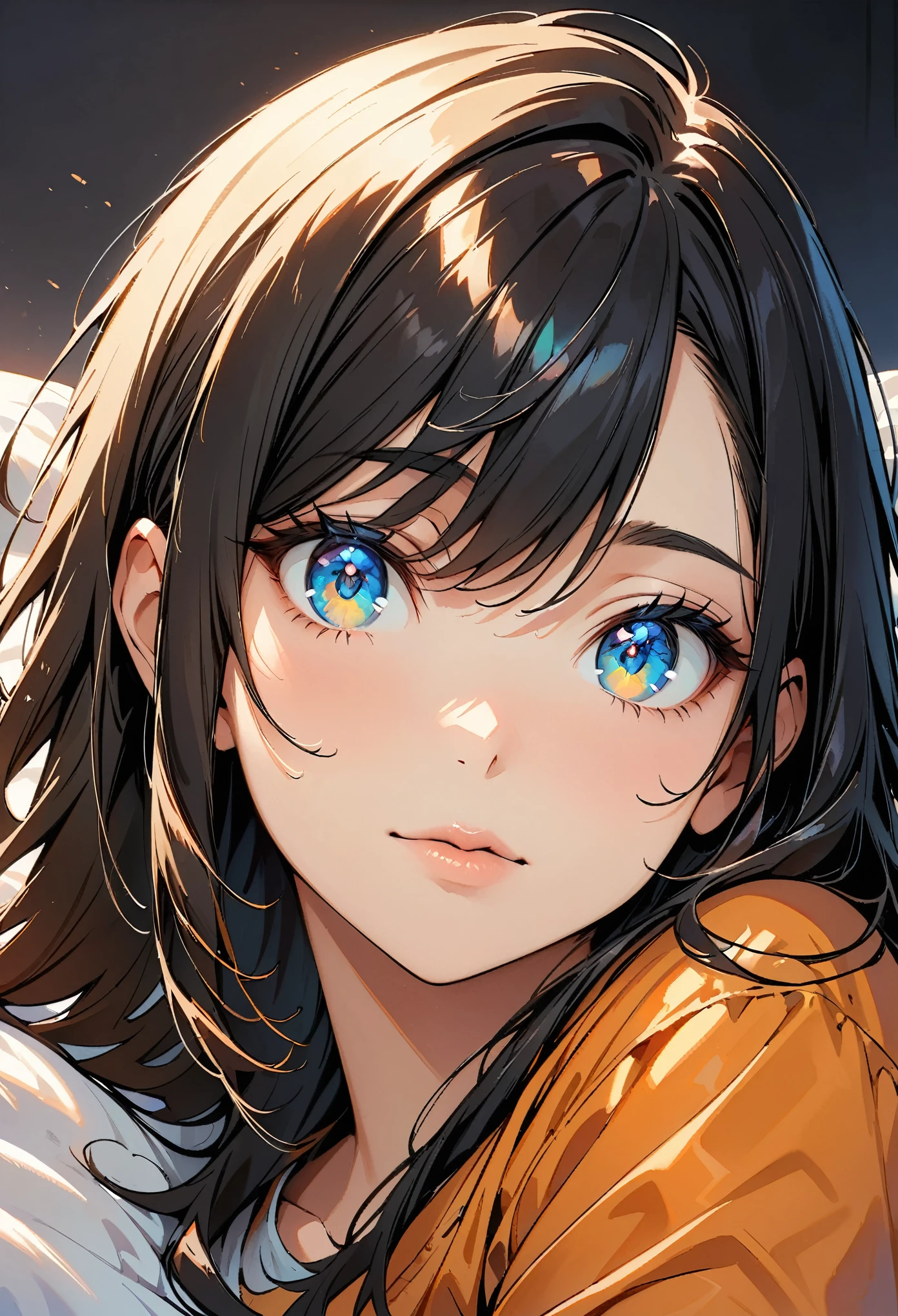 (highest quality:1.2, Very detailed, High Detail, digital coloring, High Contrast, masterpiece:1.2, highest quality, Best aesthetics), Beautiful fine details, ((Detailed eyes)), Beautiful lip detail, Very detailed目と顔, Long eyelashes, (One girl), Close-up shot, Portraiture, Lying in bed, Soft lighting, Calm colors, Graceful pose, Calm expression, Long Straight Hair.