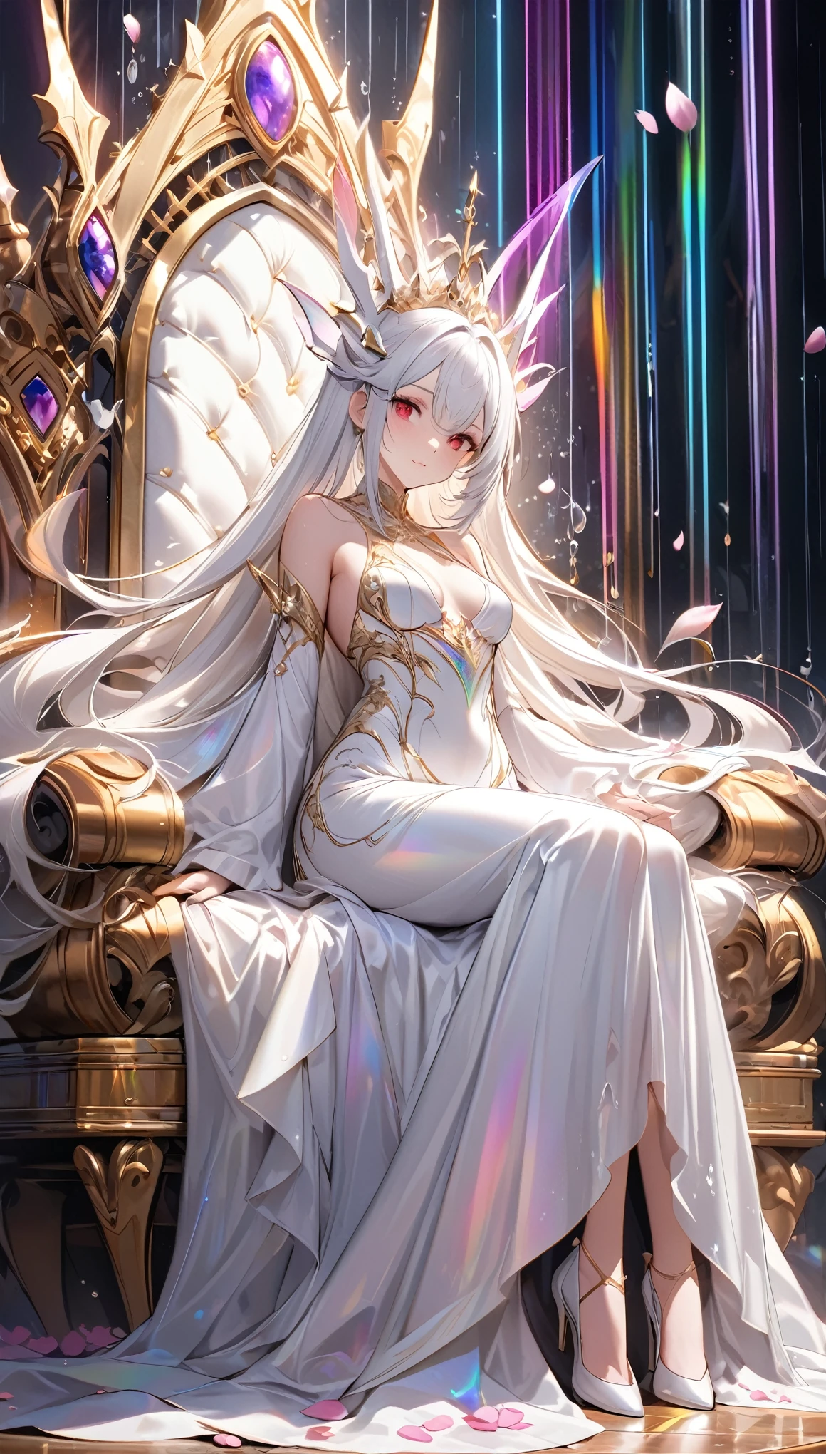 seamless image fusion, best quality, super fine, 16k, incredibly absurdres, extremely detailed, delicate and dynamic, beautiful and adorable white demon queen, silky straight white hair, captivating look, aroused expression, wearing iridescent pure white long dress, superlative body proportion, crimson eyes, luxuriously designed pure white castle, languidly seated on gold-decorated throne, raindrops and iridescent petals fluttering down, rainbow neon light effects, beautiful artistic piece of art