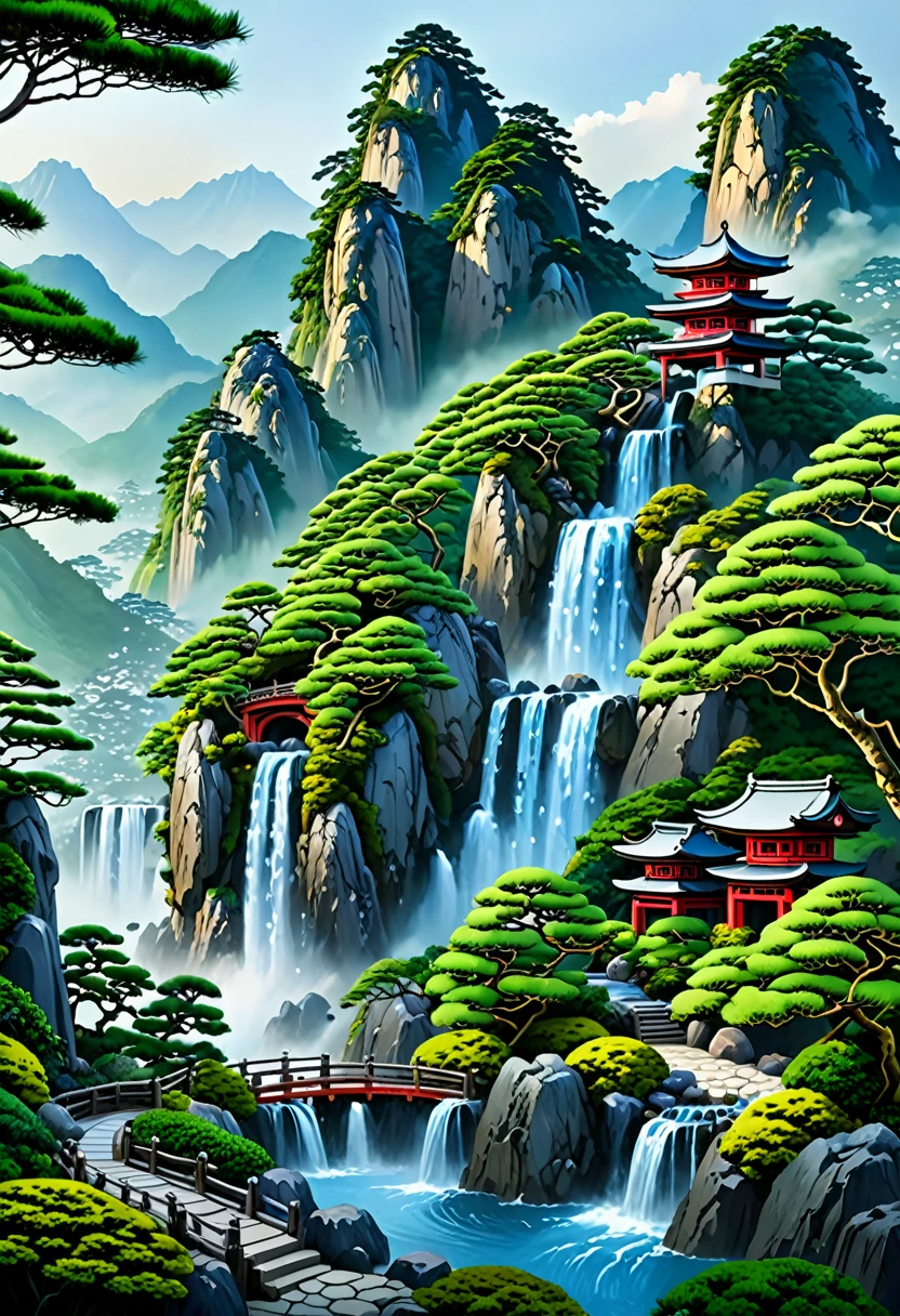 2. Mountain view with a waterfall and a tower in the center, Landscapes painted by Han Kang, CG Association Competition Winner, Fantasy art, A dreamlike Japanese city, Japanese Landscape, Japanese Fantasy, Made of wood and fantasy valley, View of the ancient city, Order a striking fantasy landscape, Most Epic Landscapes, Castle on a Hill, Mountain jungle environment, Avatar Landscape, Japanese Village.