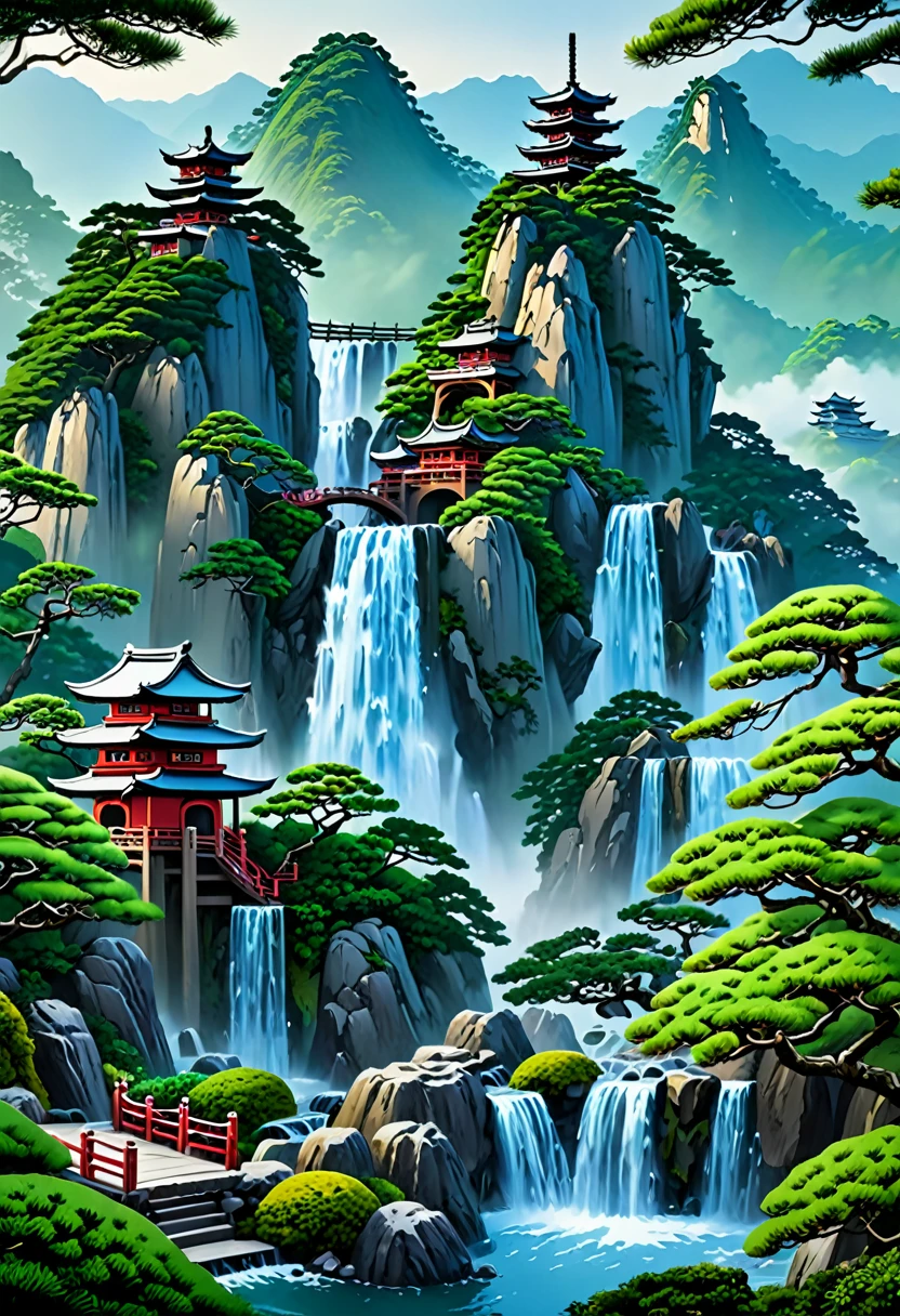 2. Mountain view with a waterfall and a tower in the center, Landscapes painted by Han Kang, CG Association Competition Winner, Fantasy art, A dreamlike Japanese city, Japanese Landscape, Japanese Fantasy, Made of wood and fantasy valley, View of the ancient city, Order a striking fantasy landscape, Most Epic Landscapes, Castle on a Hill, Mountain jungle environment, Avatar Landscape, Japanese Village.