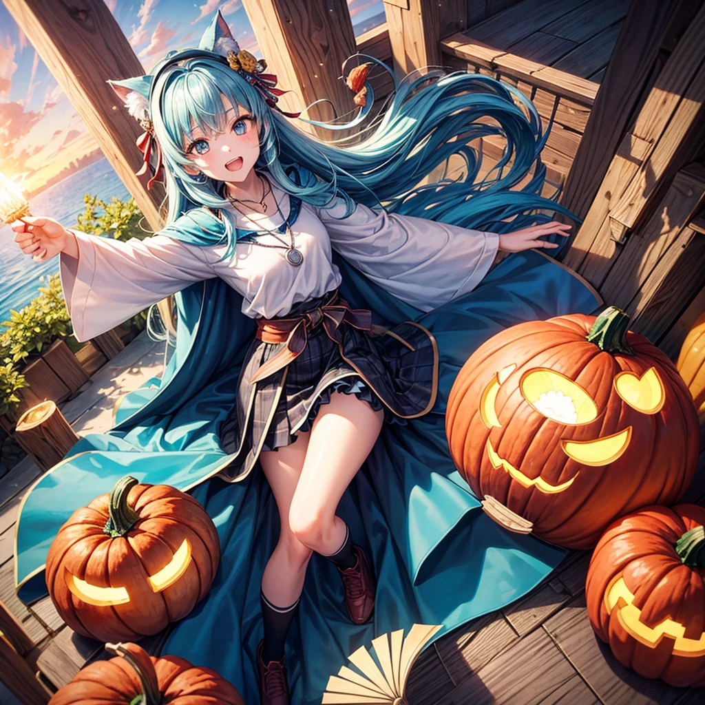 Aqua blue hair、Golden Eyes、Braid、One good looking girl、solo、anime、Checkered mini skirt、Ruffles on the skirt、Red T-shirt、Cape、Gothic、Black knee-high socks、bandana、Fluffy clothes、Wearing a ribbon、Ribbon on waist、Tilting face、Teeth are visible、Sunset sky、Piercing the clouds、Contrail、lotus leaves、Cumulonimbus、Pillar of Light、candle fire、Silver coin necklace、A world of light、Spreading his arms for balance、Pumpkin hat、shine、From above