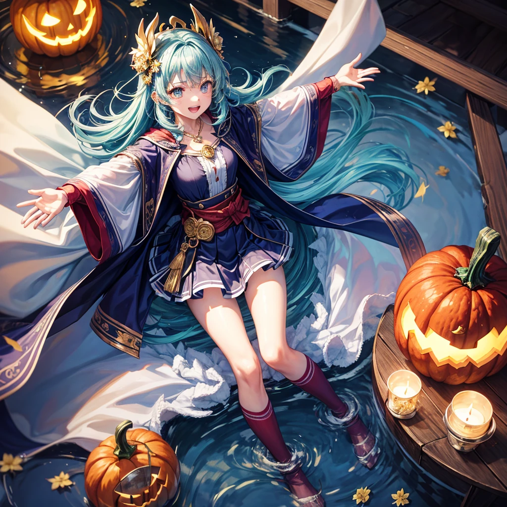 Aqua blue hair、Golden Eyes、Braid、One good looking girl、solo、anime、Checkered mini skirt、Ruffles on the skirt、Red T-shirt、Cape、Gothic、Black knee-high socks、bandana、Fluffy clothes、Wearing a ribbon、Ribbon on waist、Tilting face、Teeth are visible、Sunset sky、Piercing the clouds、Contrail、lotus leaves、Cumulonimbus、Pillar of Light、candle fire、Silver coin necklace、A world of light、Spreading his arms for balance、Pumpkin hat、shine、From above