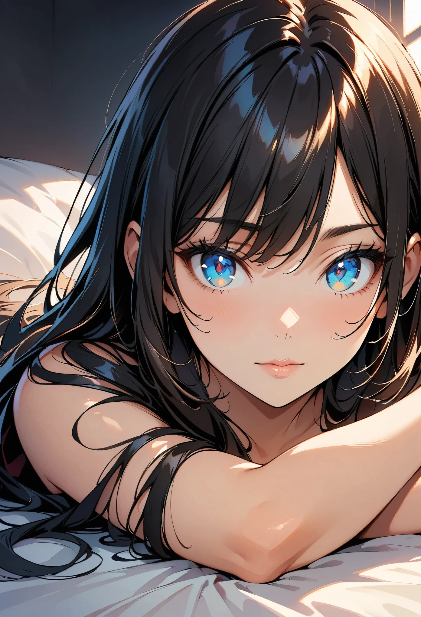 beautiful face,anime,cool beauty,1 girl,black hair,medium long hair,bedroom,C cup,natural body,((Completely naked)),sweating,20th generation,no pubic hair,shy smile,Length 162cm,sharp outline,Bust 82cm,cum in pussy,after sex, cum, lying, cumdrip, ass, on stomach, on back, fucked silly, sweat, cum pool, bukkake, trembling