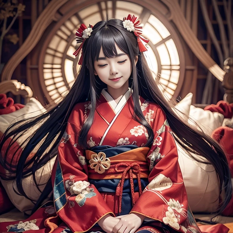 Protected by guardian spirits,Japanese,kimono,girl,Hands together,Eyes closed,Smiling,Light background,