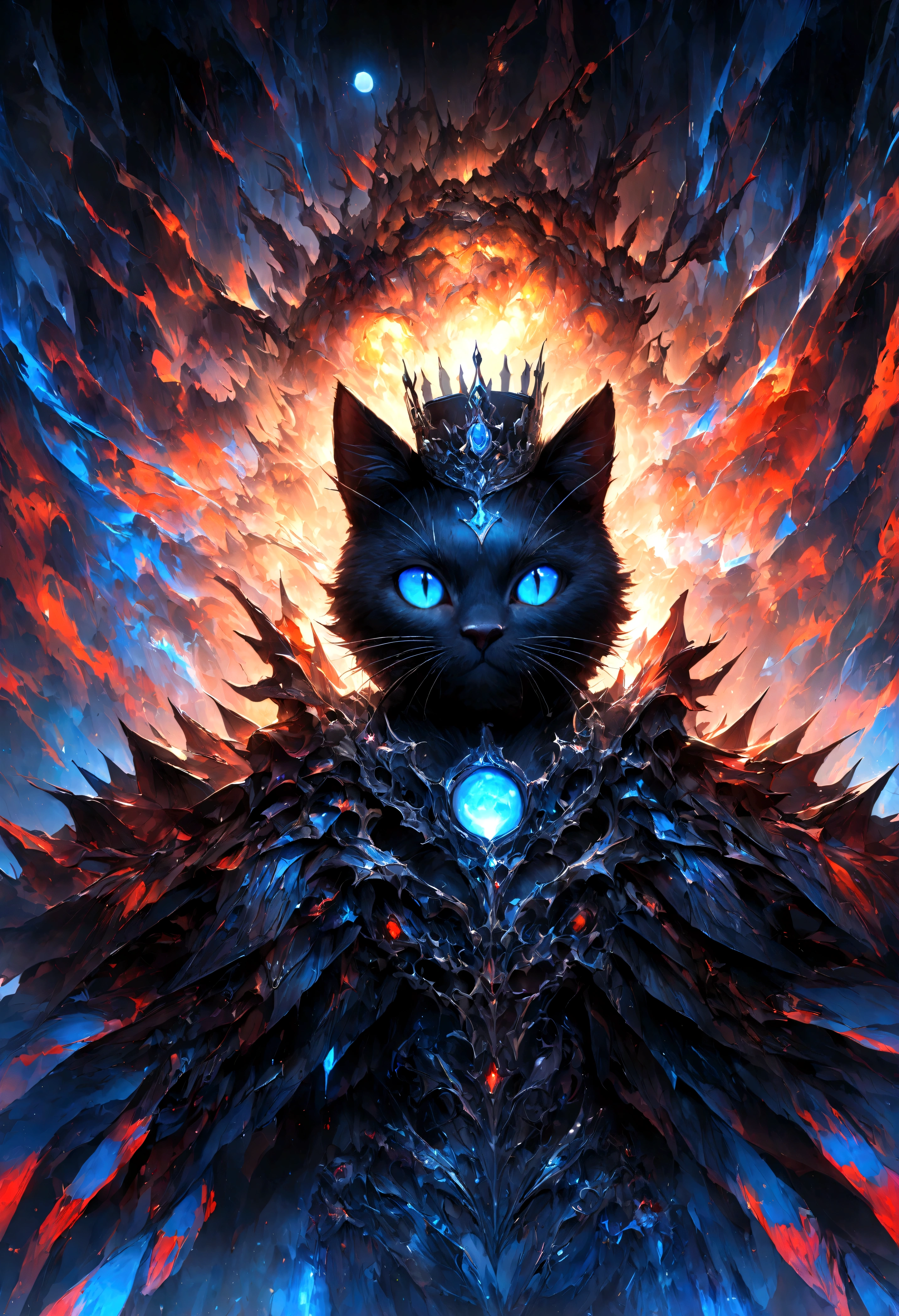 animal、Black cat、Black crown、Beautiful blue eyed cat、Rin々Funny face、beautiful、blue Moon、Lots of blue light、ファンタジーBlack cat，Facial close-up enhancement，AmbiLight，The colors are vivid and bright，Black background，haze，Detailed depiction，Rich details，Explosion of imagination，Surreal，Ultra-realistic，masterpiece，8k，Light，Tyndall effect