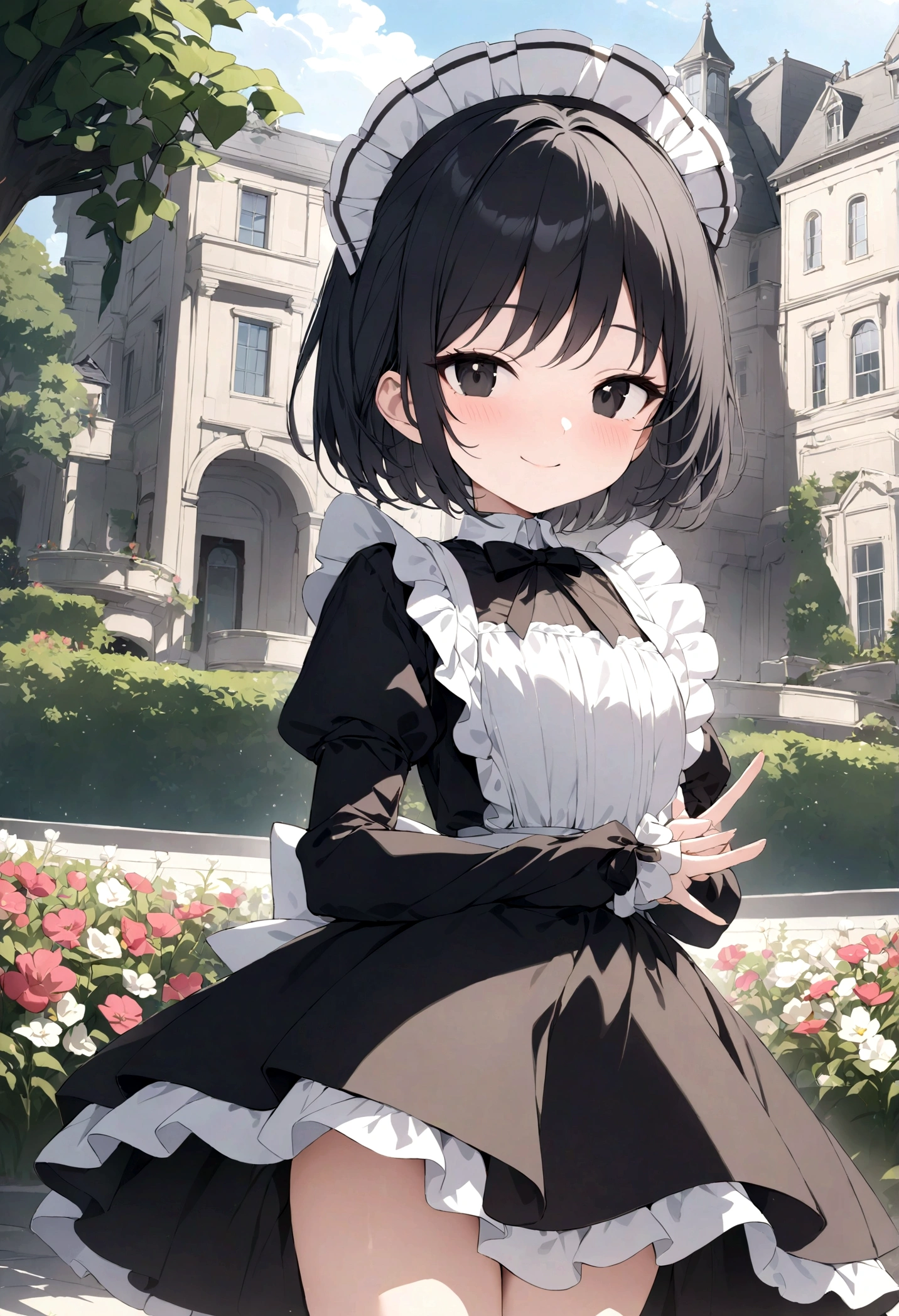 masterpiece, highest quality, Very detailed, 16k, Ultra-high resolution, Cowboy Shot, Detailed face, Perfect Fingers, 6  female,  Black eyes, Black Hair, short hair, Luxurious Western-style building, Black maid outfit, Garden of the mansion, flower bed, smile