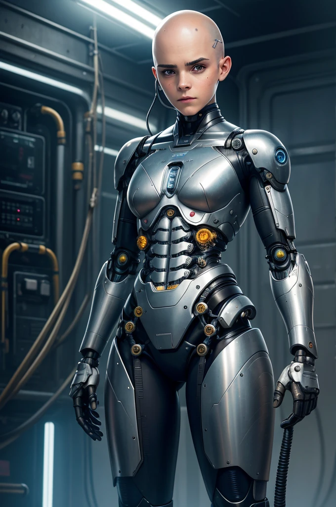 A bald cyborg Emma Watson, with loose wires, metallic skin, hoses, exposed torso, androidperson, mark brooks, david mann, robot brain, made of steel, hyperrealism, post-apocalyptic, mechanical parts, joints, mecha, j_sci-fi