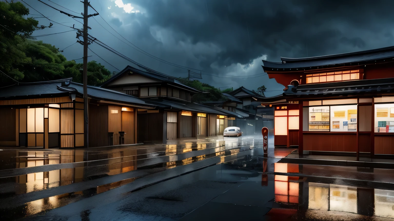 Japan, Modern Japanese street on a bridge, Modern Japan architecture, modern Japanese architecture, Japan convenience store, Signboard of the Japan shop, Japanese signs, flower pots, (No one: 1), No people, No one in sight, There are no cars, Don't be Bettiless, Rain, Raining, heavy Rainfall, Wet, puddles, dramatic Rain, dramatic Rain, heavy Rain, lots of Rain, Rain drops, Rain falling, Rain drops falling, gloomy weather, The sun rises from among the clouds, Storm
