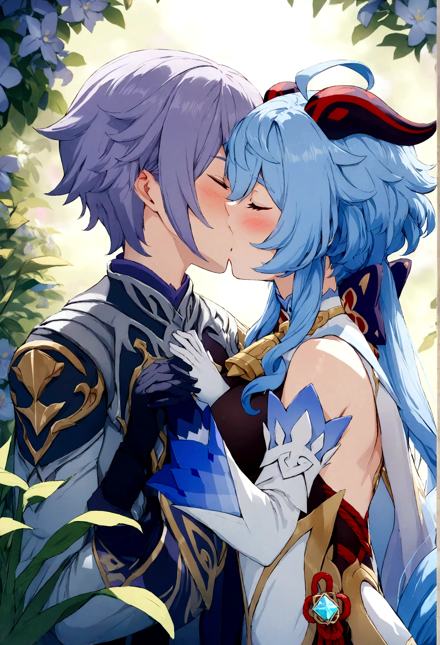 (((masterpiece))), (2girls:1.5), hyper detailed, highres, ((best quality)), (extremely delicate and beautiful), {8k cg wallpaper}, illustration, (blush), (extremely detailed background:1.6), detailed face, clouds, garden, flowers, pillows, grass, lots of birds, (holding hands:0.8), (kiss, surprise kiss:1.3), hair ornament, closed eyes, (gloves:1.2), arm wrap, height difference, hug, hand on own chest, arm around another
AND (2girls:1.5), (ganyudef:1.4), ganyu (genshin_impact), blue hair, closed eyes, short hair, horns, kiss, upper body
AND 2girls, (keqingdef:1.4), keqing (geshin_impact), purple hair, closed eyes, very long hair, kiss, upper body